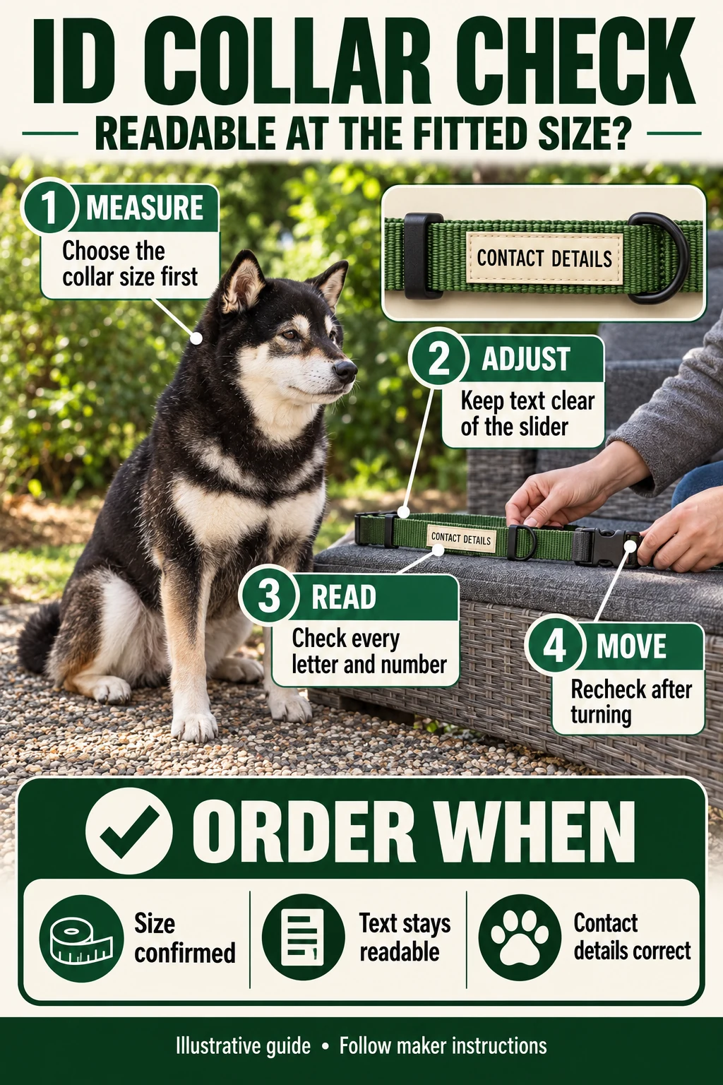 Mr. Smoky ID collar check: choose the size, keep contact text clear of the slider, proofread and recheck after movement