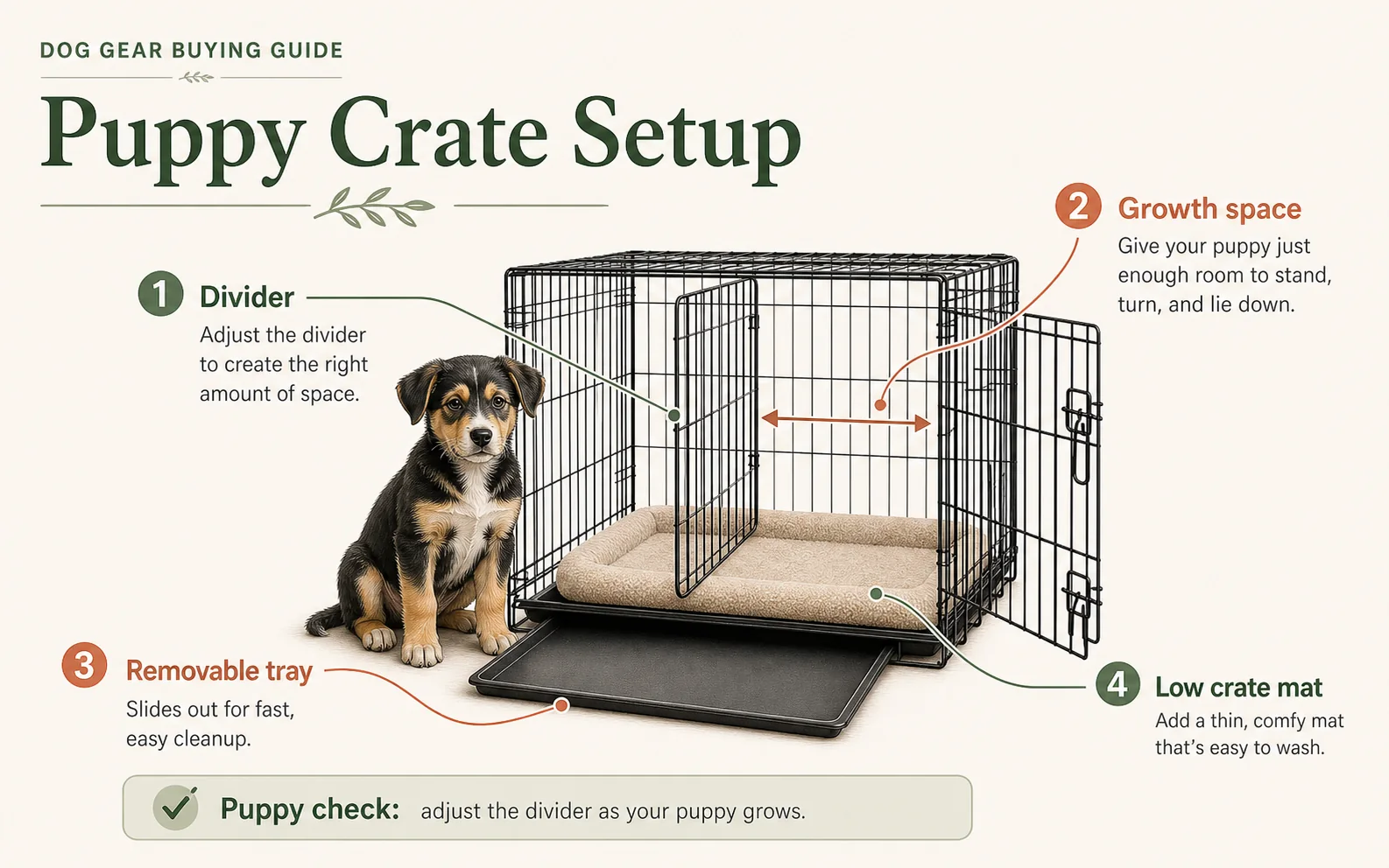 Infographic showing puppy crate divider, growth space, removable tray, and low crate mat.