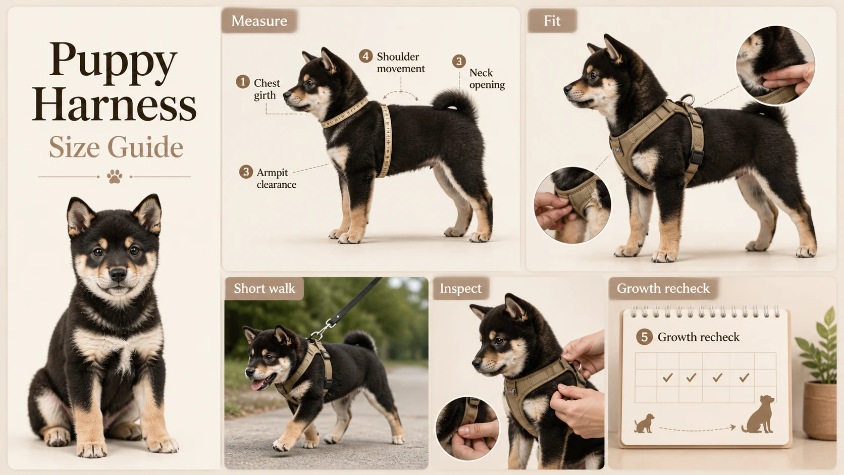Infographic showing puppy harness size checks for chest girth, neck opening, armpit clearance, shoulder movement, short walk inspection, and growth recheck.