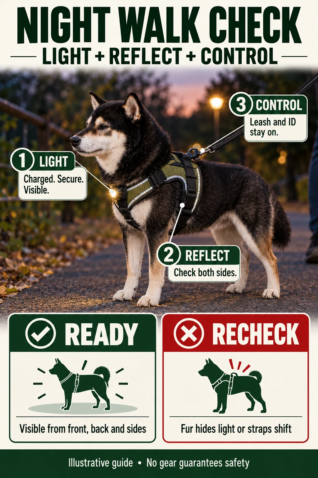 Night walk check showing a charged light, reflective coverage and secure leash control with a ready or recheck decision