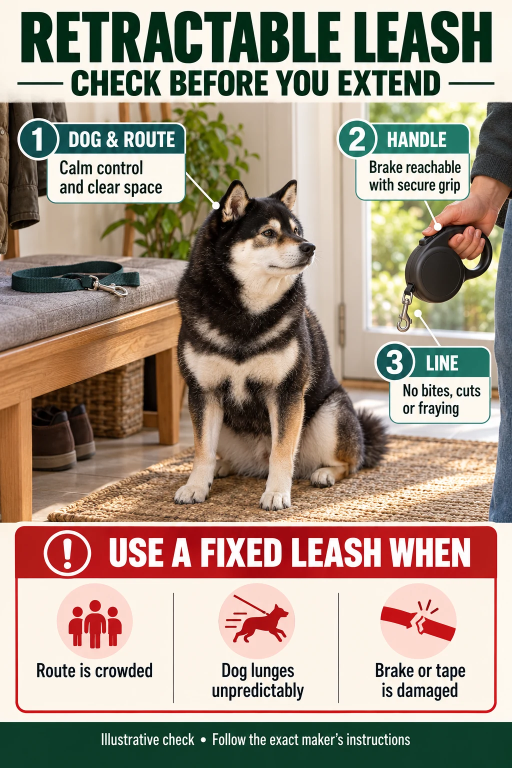 Mr. Smoky retractable-leash check: assess dog and route, reachable brake and undamaged line; use a suitable fixed leash for crowding or an unsuitable retractable setup