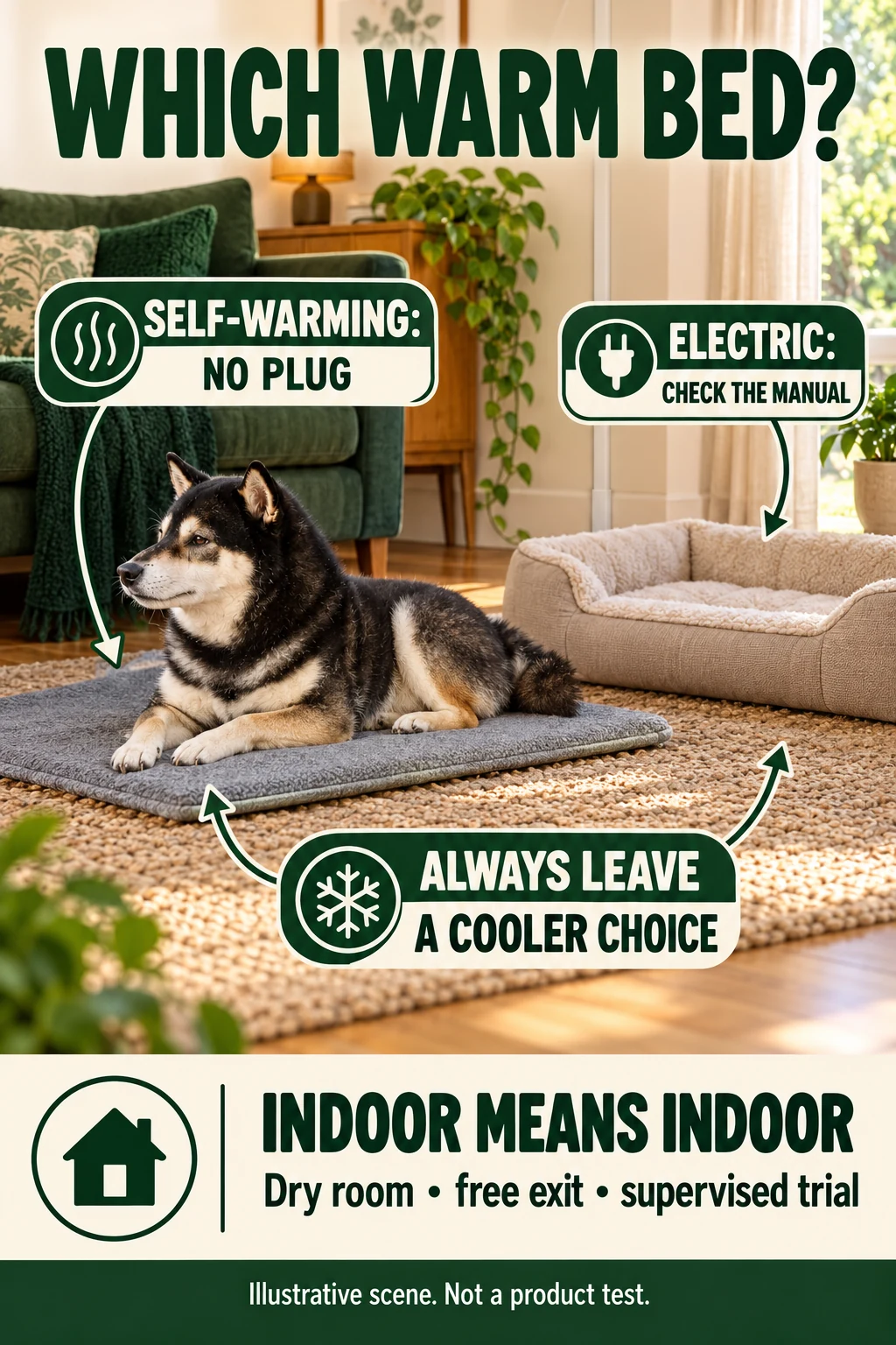 Warm-bed decision aid contrasting passive no-plug warmth with an electric bed requiring its manual, a dry room and a cooler resting choice