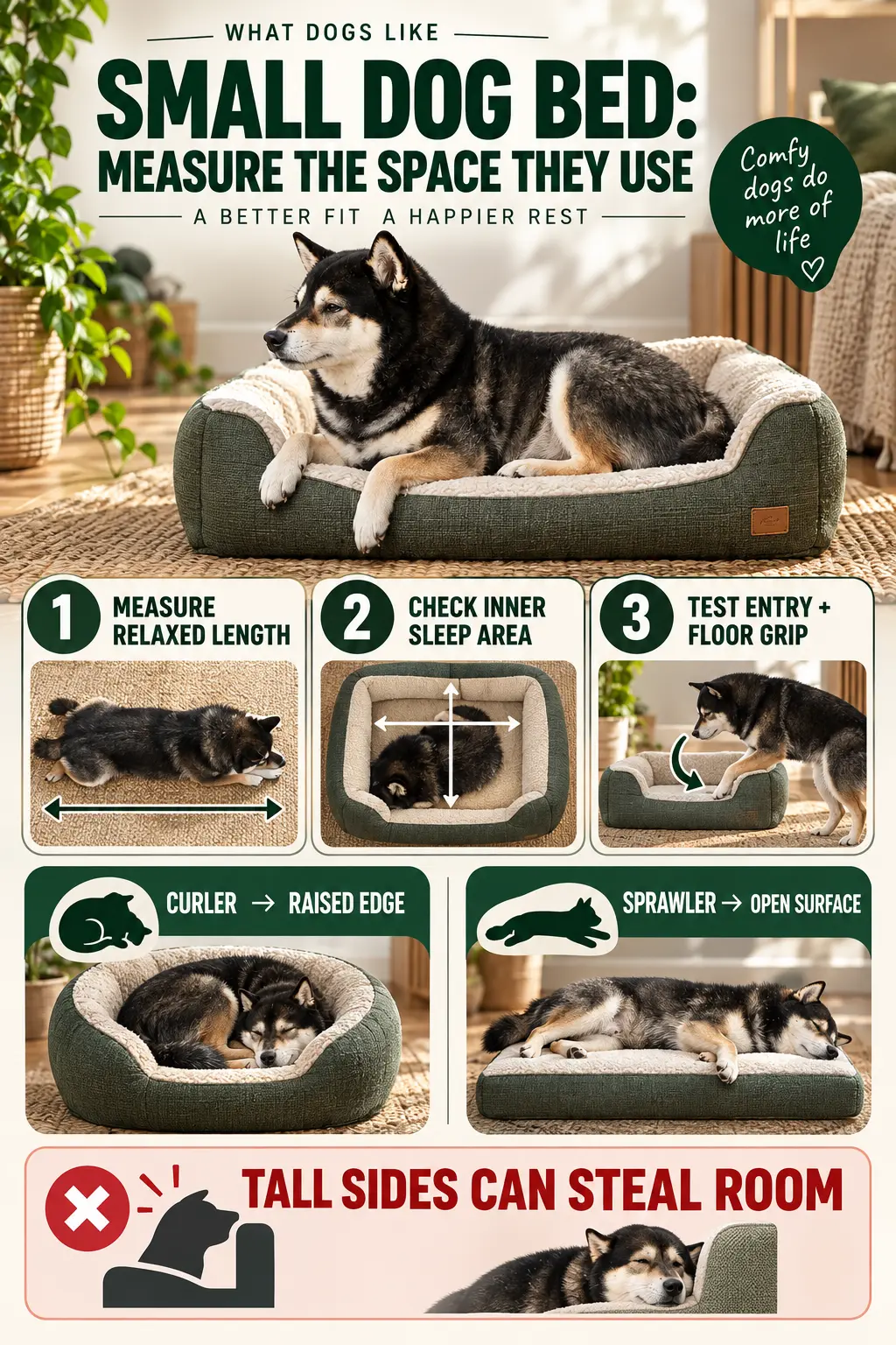 Small dog bed decision graphic showing relaxed-length measurement, inner sleep area, entry and floor grip, and curler versus sprawler shapes