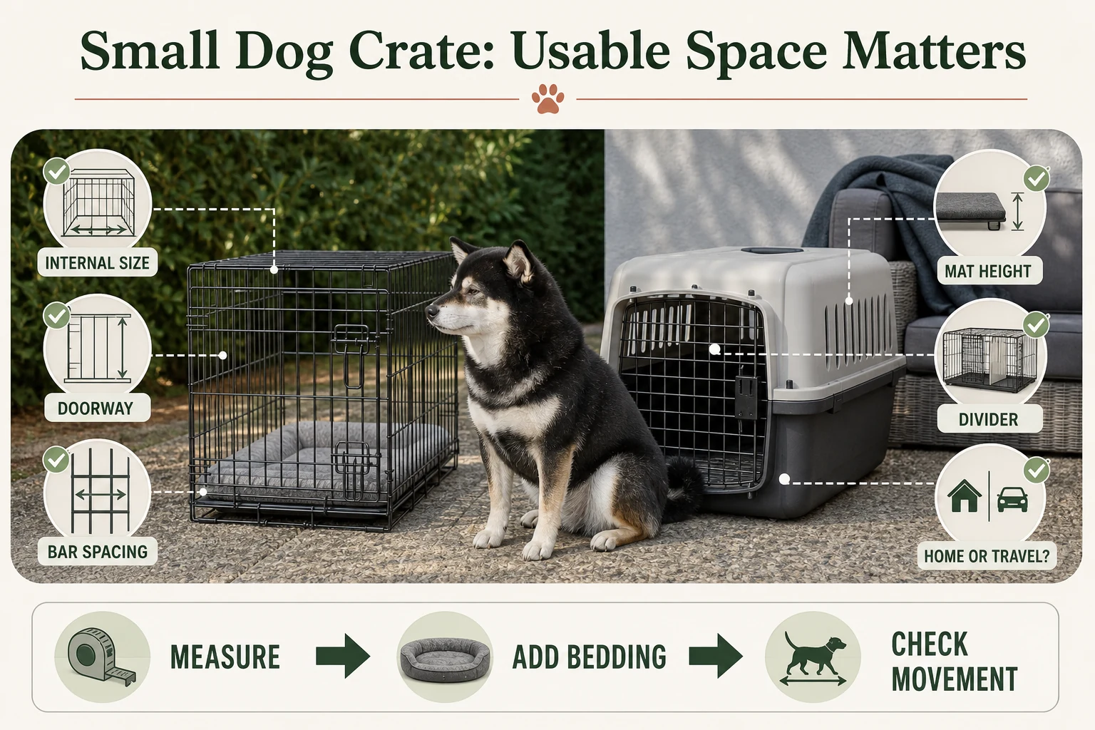 Infographic showing small dog crate checks for internal dimensions, doorway, bedding height, divider position, latch size, and room placement.