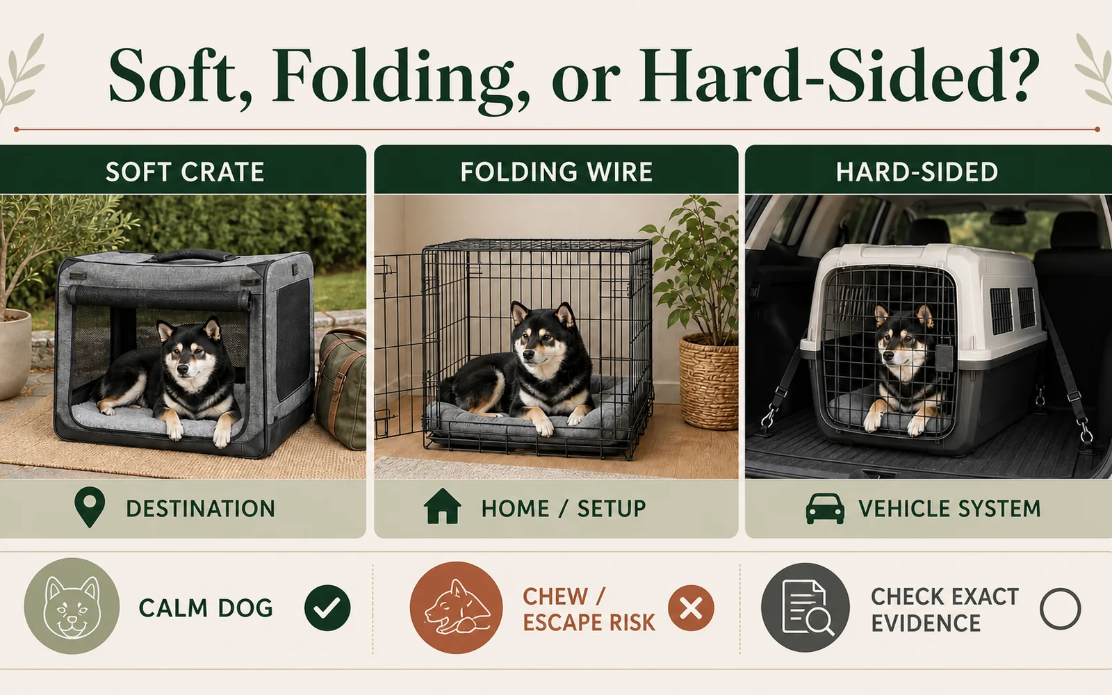 Comparison infographic featuring Mr. Smoky in a soft destination crate, folding wire home crate, and hard-sided vehicle system, with behavior and evidence checks.