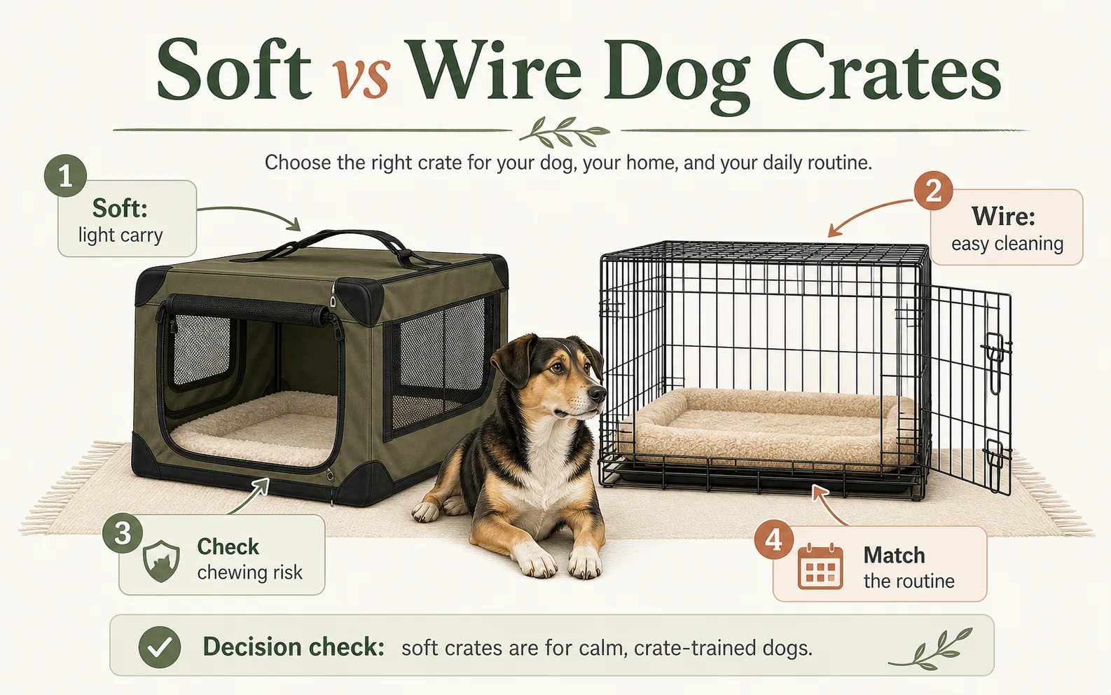 Infographic comparing soft dog crates and wire dog crates for carrying, cleaning, chewing risk, and routines.