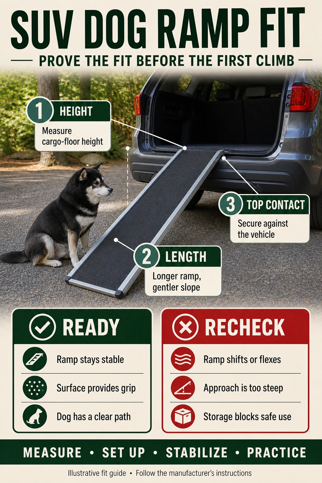 Five-step SUV dog ramp fit check covering measurements, slope, top contact, grip, and storage