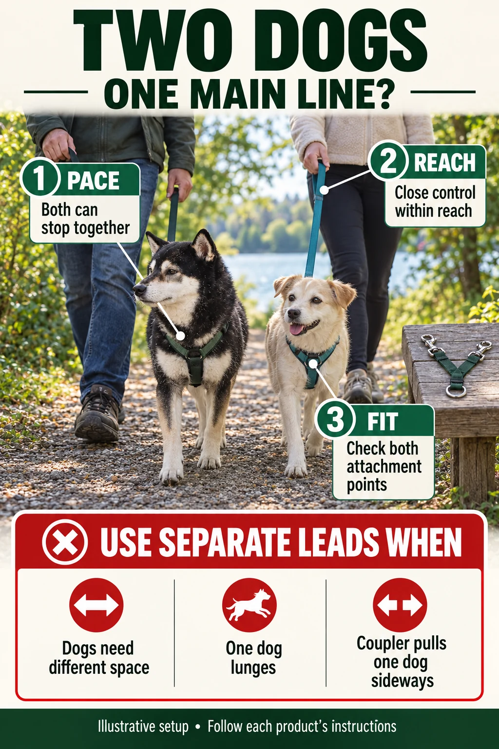 Two-dog leash decision aid with Mr. Smoky: compare pace, close-control reach and attachments; choose separate leads when dogs need different space