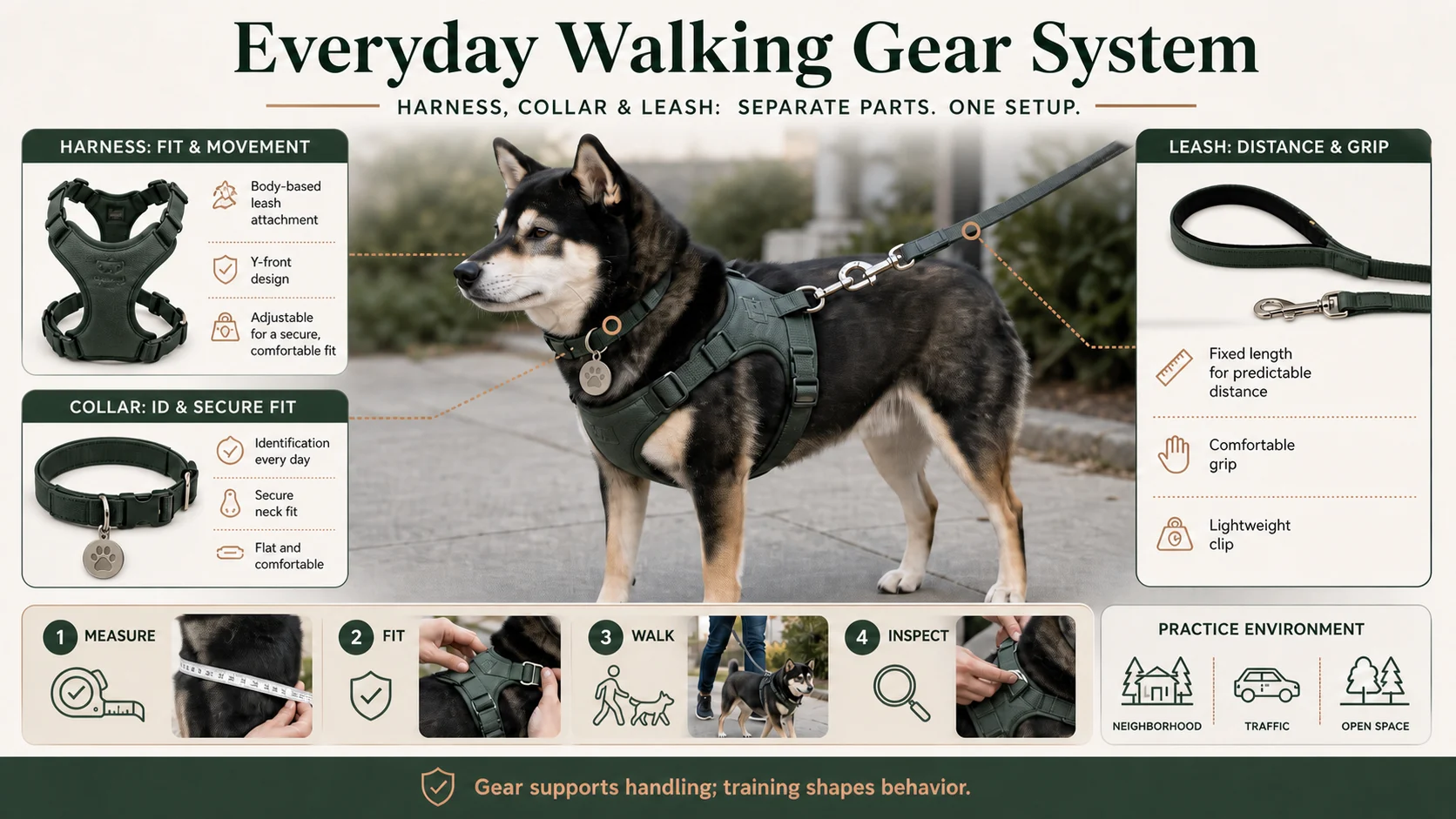 Everyday walking gear system showing a fitted harness for leash attachment, a flat collar for identification, a fixed leash for predictable distance, and a measure, fit, walk, and inspect workflow.