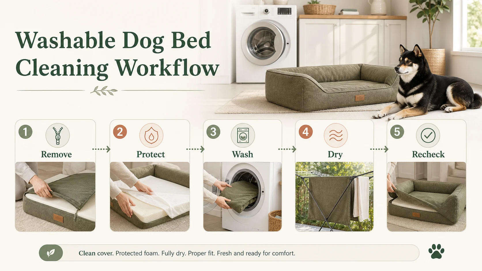Infographic showing a five-step washable dog bed cleaning workflow: remove, protect, wash, dry, and recheck.