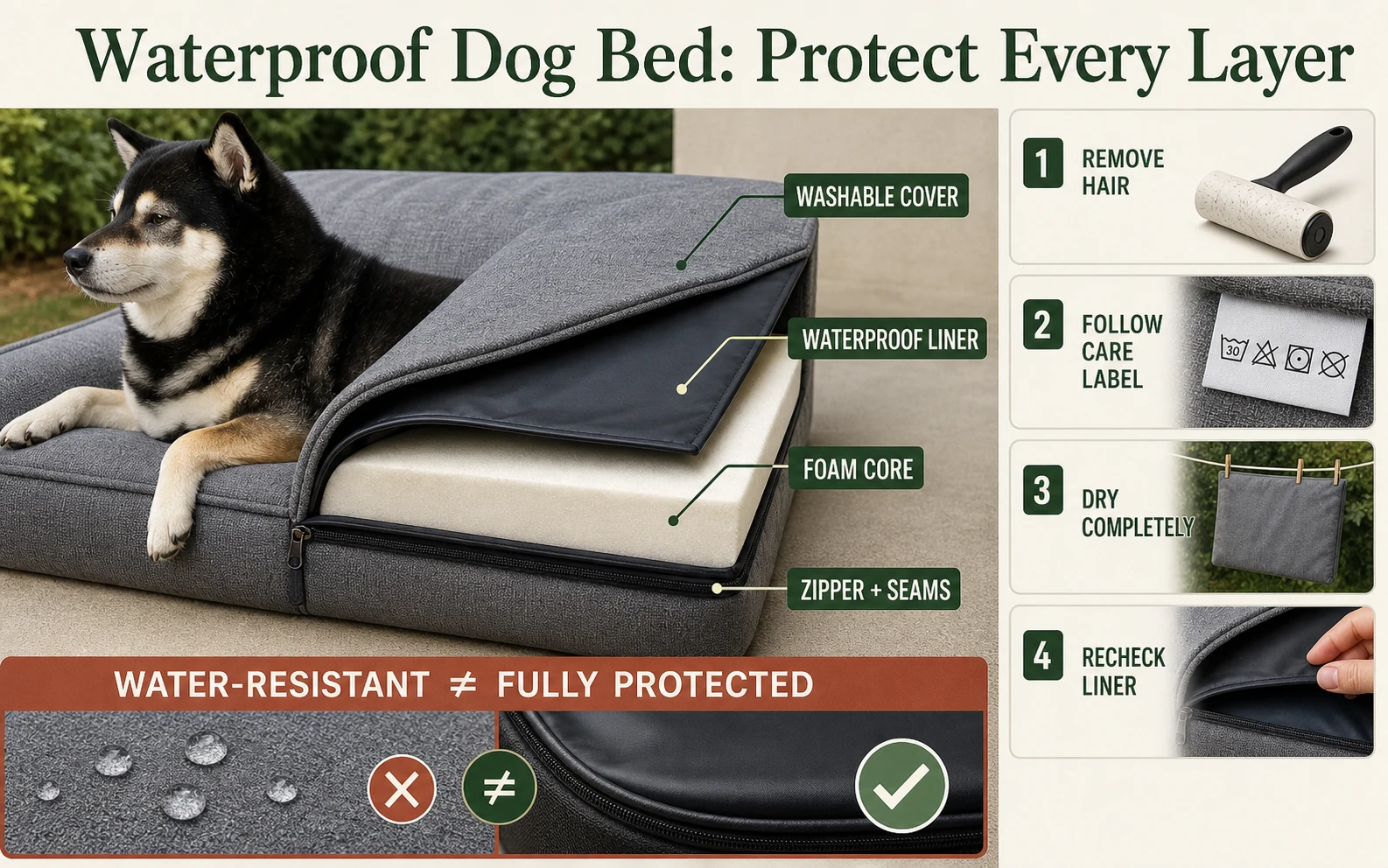 Infographic showing a dog bed outer cover, waterproof liner, foam core, zipper shield, seam checks, and complete drying workflow.