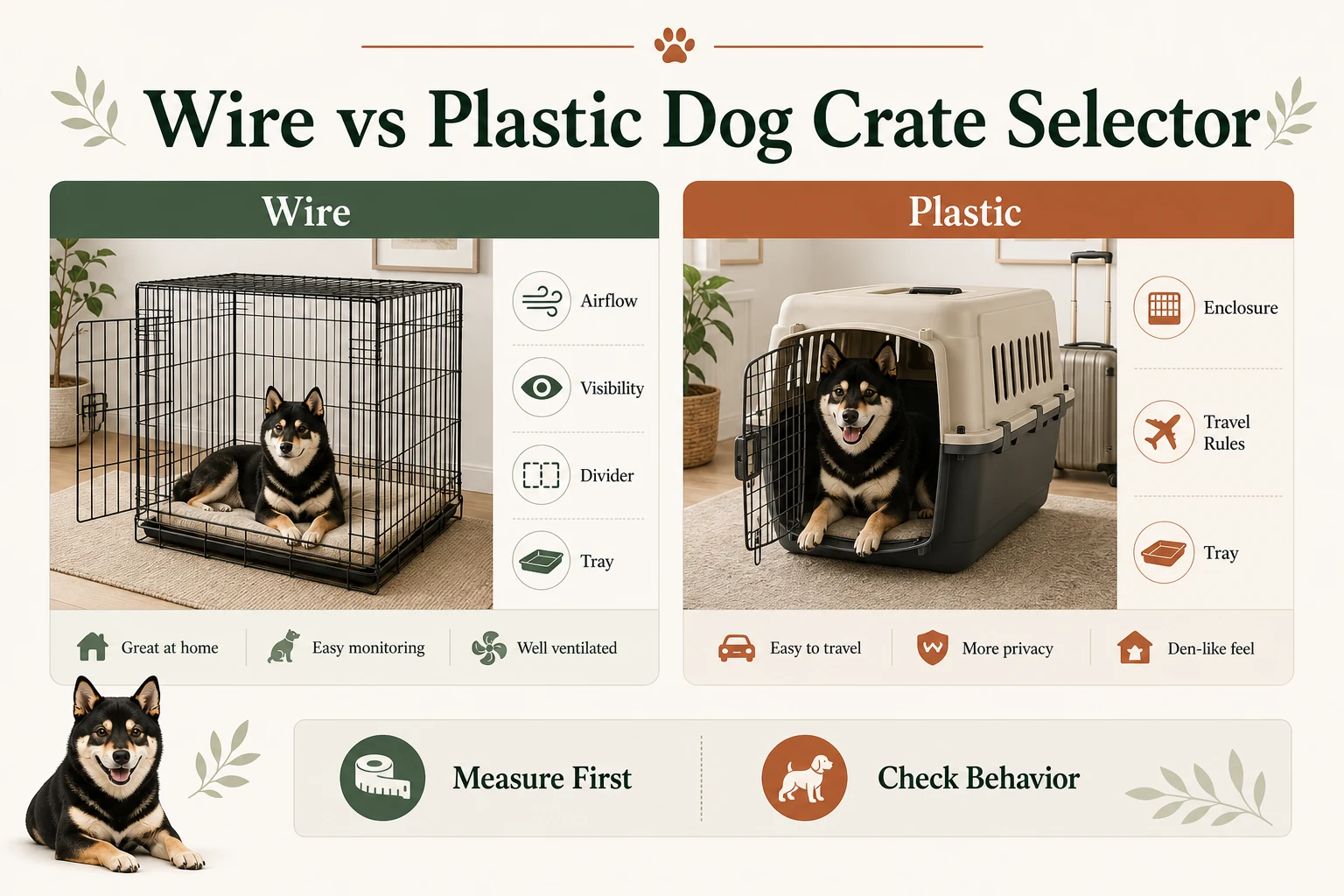 Infographic comparing wire and plastic dog crates by airflow, visibility, divider use, enclosure, travel rules, measuring, and behavior fit.