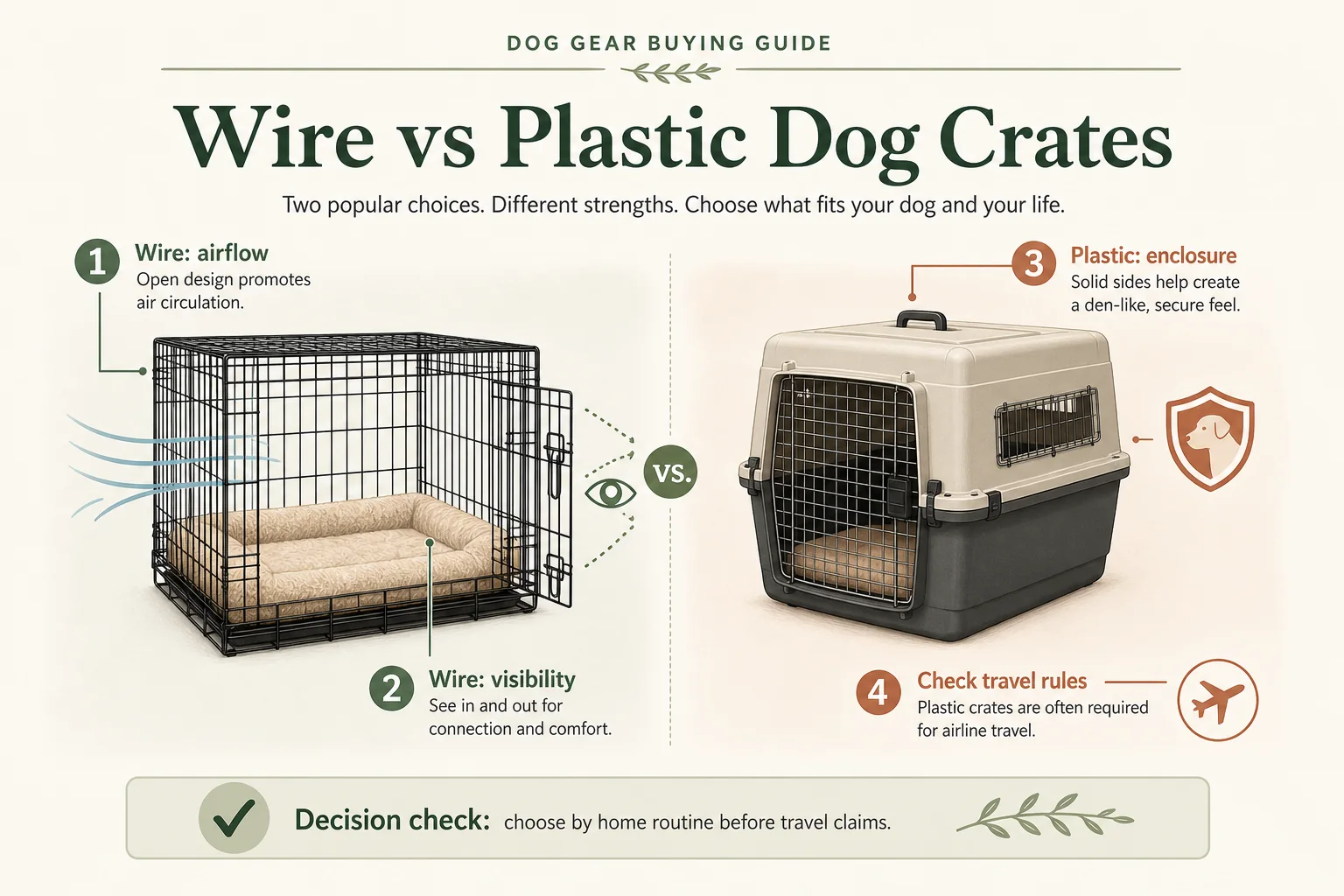 Infographic comparing wire dog crates and plastic dog crates for airflow, visibility, enclosure, and travel rules.