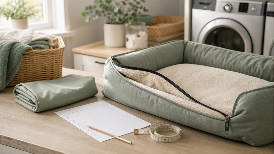 Washable dog bed cover, liner, measuring tape, and cleaning checklist in a warm laundry room.