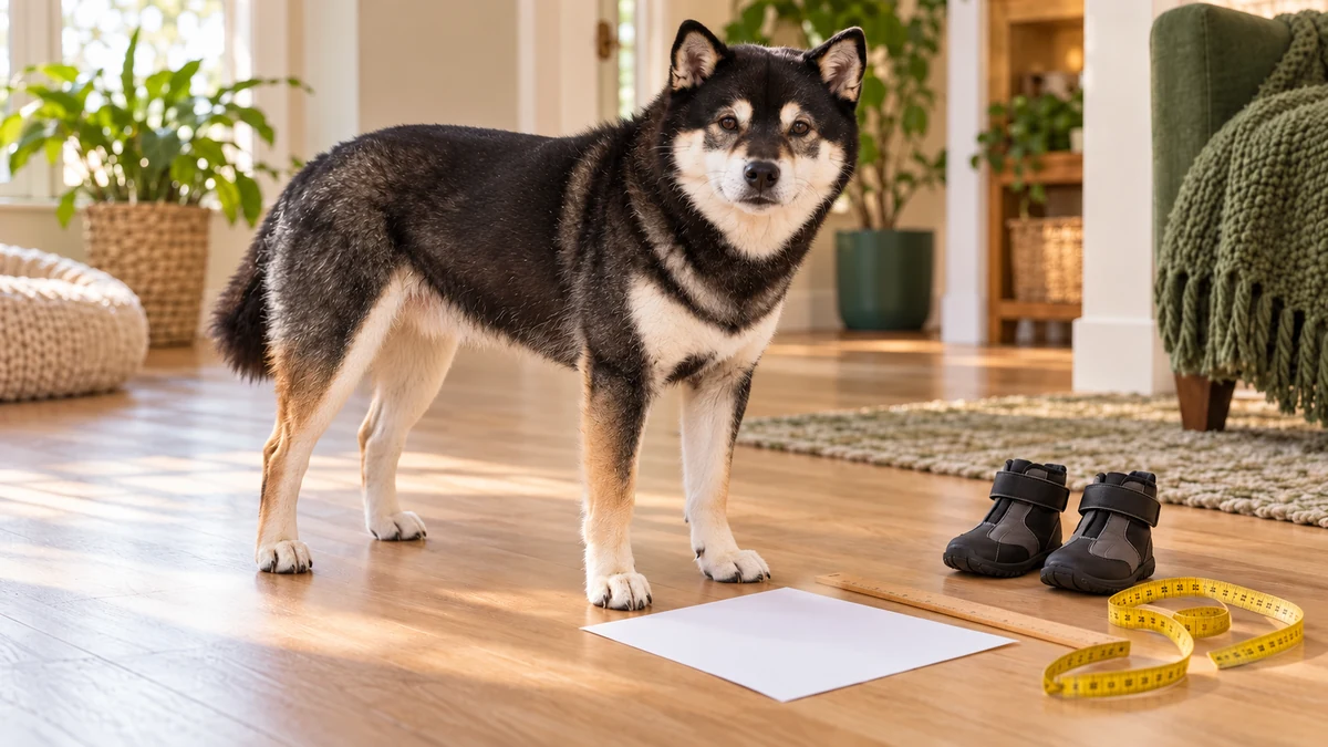 Illustrative scene of Mr. Smoky standing beside paper, a ruler, measuring tape and unworn dog boots.