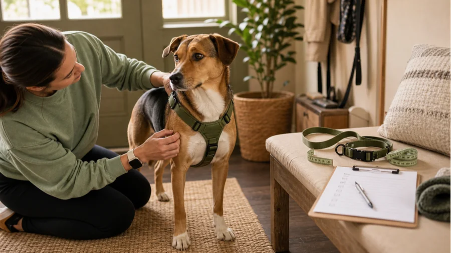 Dog wearing a green Y-front harness while an owner checks fit near a leash, collar, measuring tape, and checklist.
