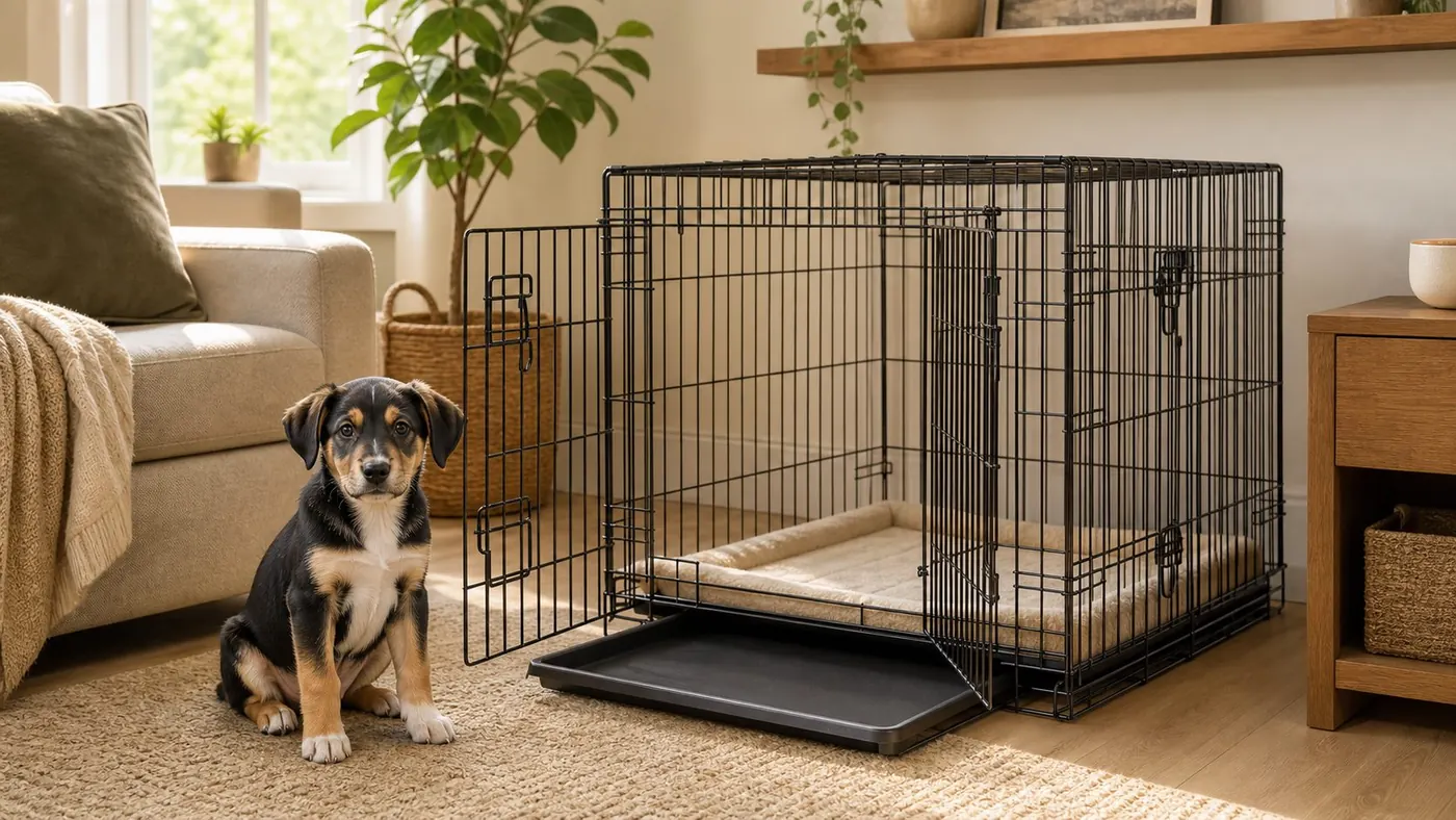 Puppy beside an open wire crate with a soft mat in a warm home.