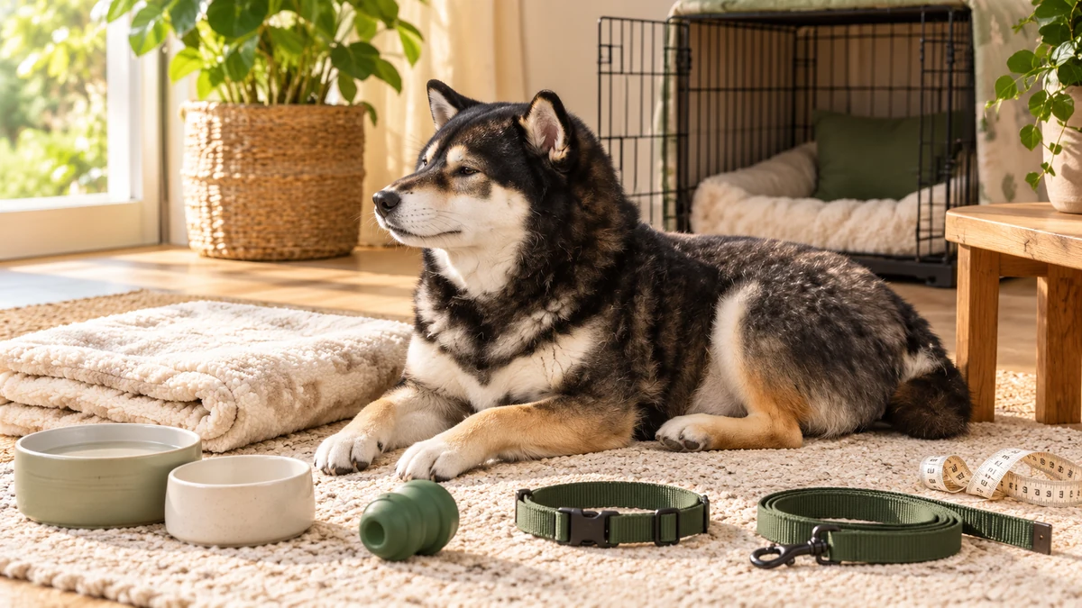 Illustrative scene of adult Mr. Smoky beside bowls, a blanket, collar, leash and measuring tape for a puppy supplies checklist.