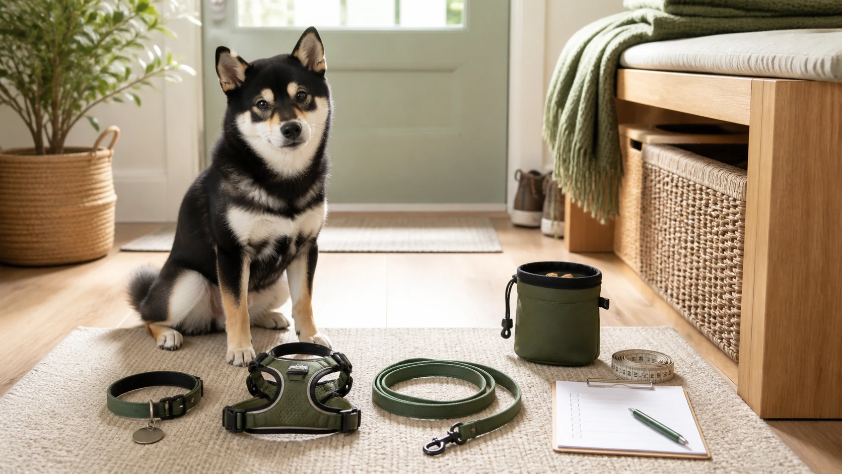 Black and tan Shiba Inu puppy beside a small collar, harness, leash, measuring tape, treat pouch, and printable checklist.