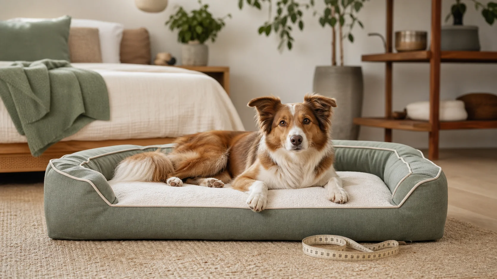 Dog on a rectangular bed with measurement guides for usable bed length and width.