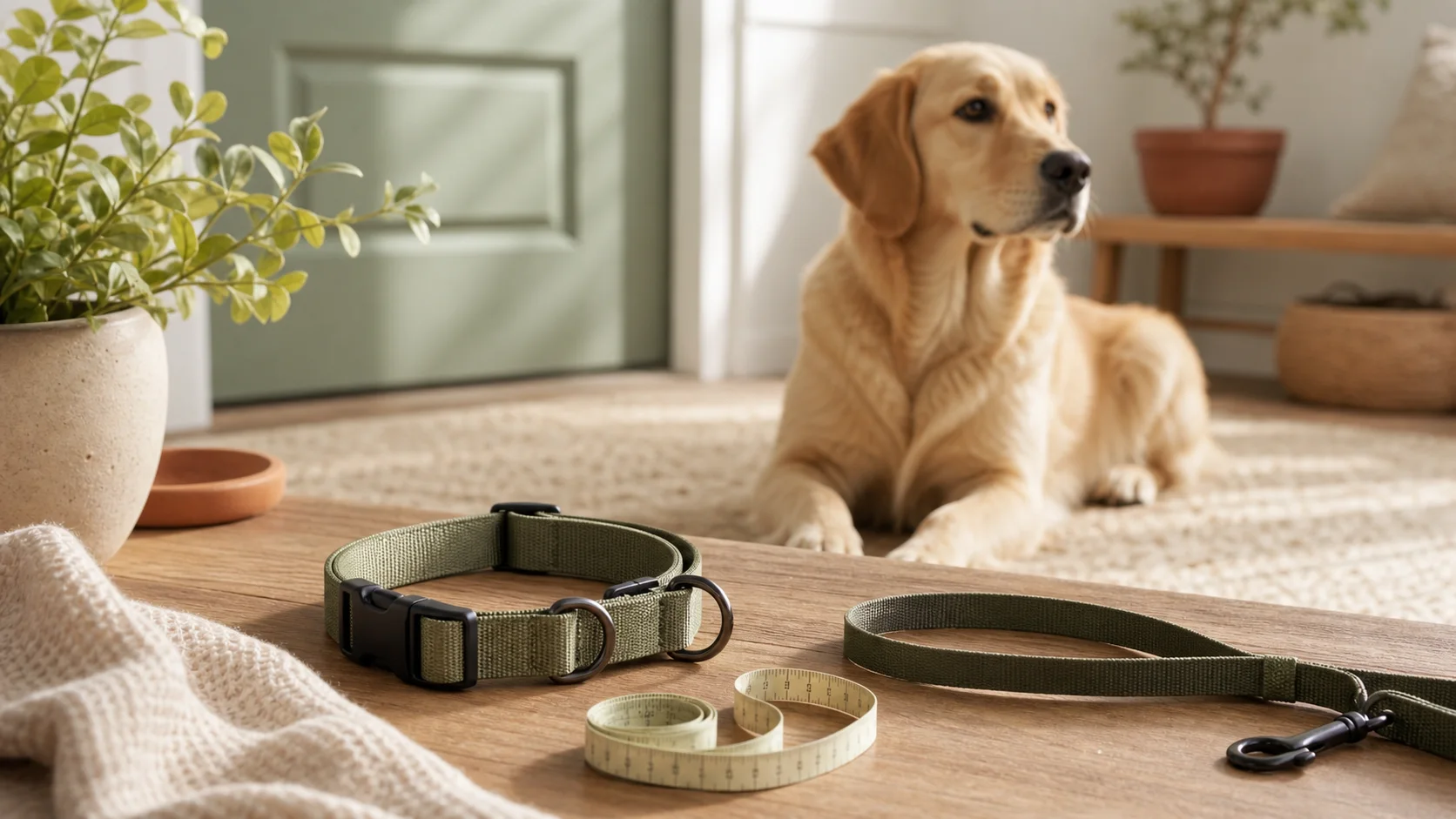 Dog collar with neck measurement range and adjustment holes.