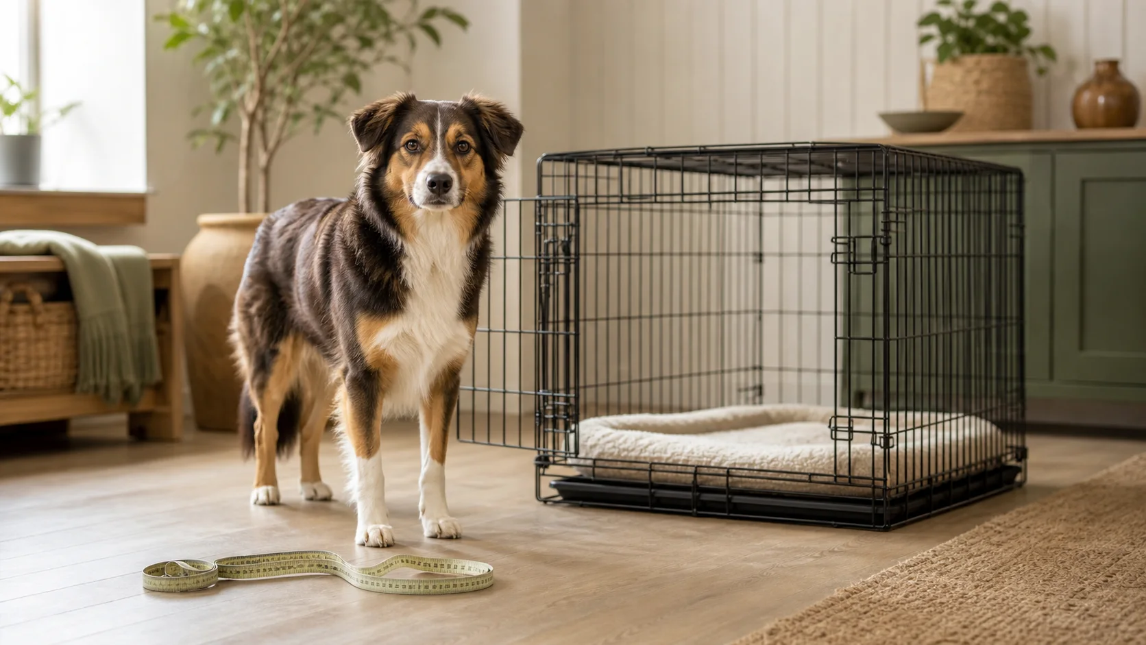 Dog beside a wire crate with measurement guides for body length and internal crate height.