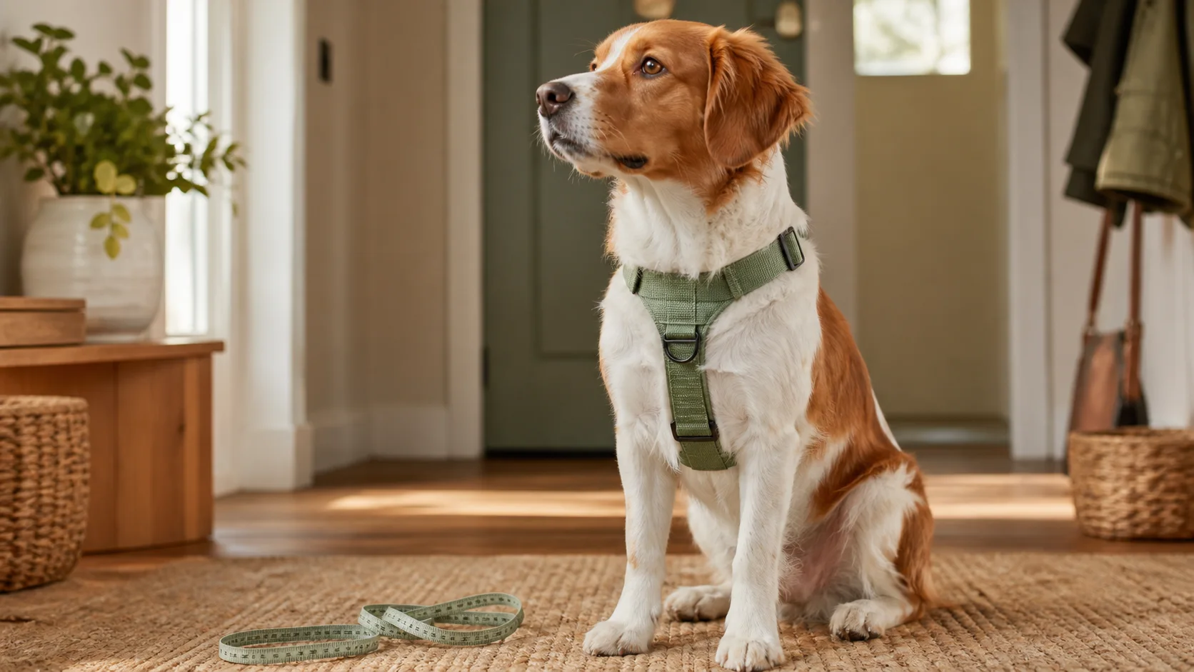 Dog wearing a Y-front harness with a chest girth measurement guide.